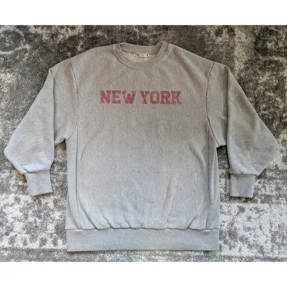 Zara Pullover Sweatshirt NEW YORK Graphic Print - Size Small, Made In Portugal - Picture 1 of 10